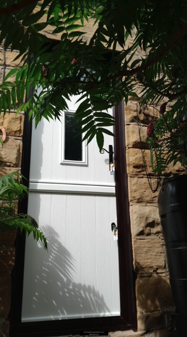 Solidor stable door in white with greenage covering the top of the door. 